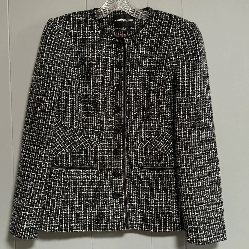 SAG HARBOR Black White Metallic Silver Woven Jacket / Blazer Sequin Trim Size 8